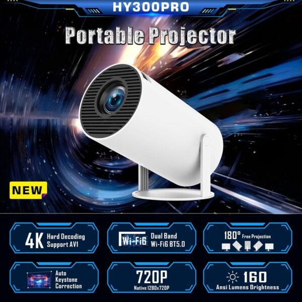 Miniproyector port??til HY300 PRO, con WiFi y Bluetooth, Compatible con 4K, 1080P, 300ANSI, 180 ?? giratorio, Keystone con para coche, Android 11, proyector inteligente, Compatible con con HDMI / USB / port??til - Image 3